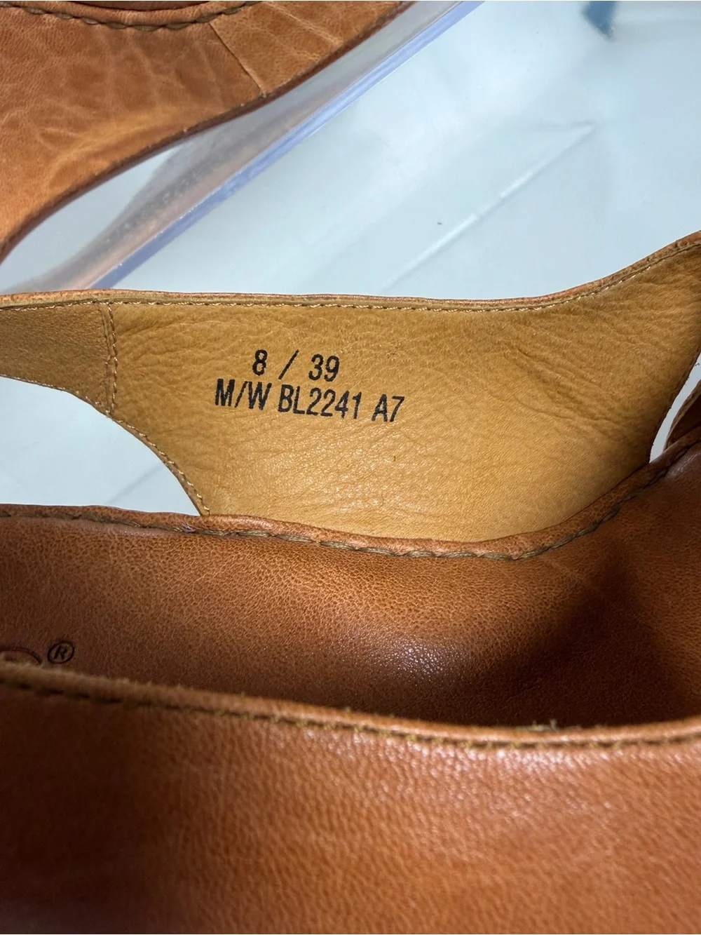 Bolo Leather Peep-Toe Slingback Wedge Sandals in Cognac; Size 8/39; Made by Born